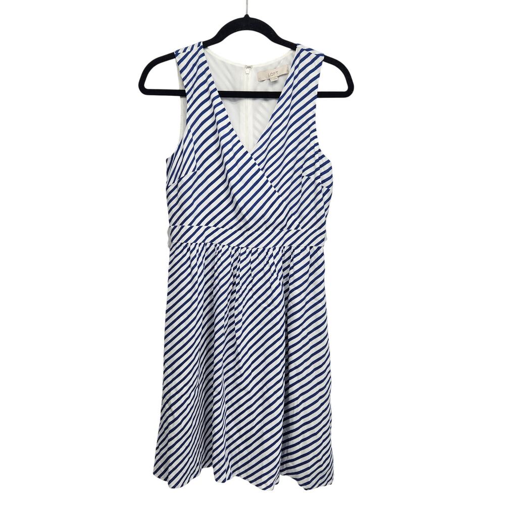 NWT LOFT Blue White Stripe V-neck Sleeveless Dress Fit & Flare Women's 2